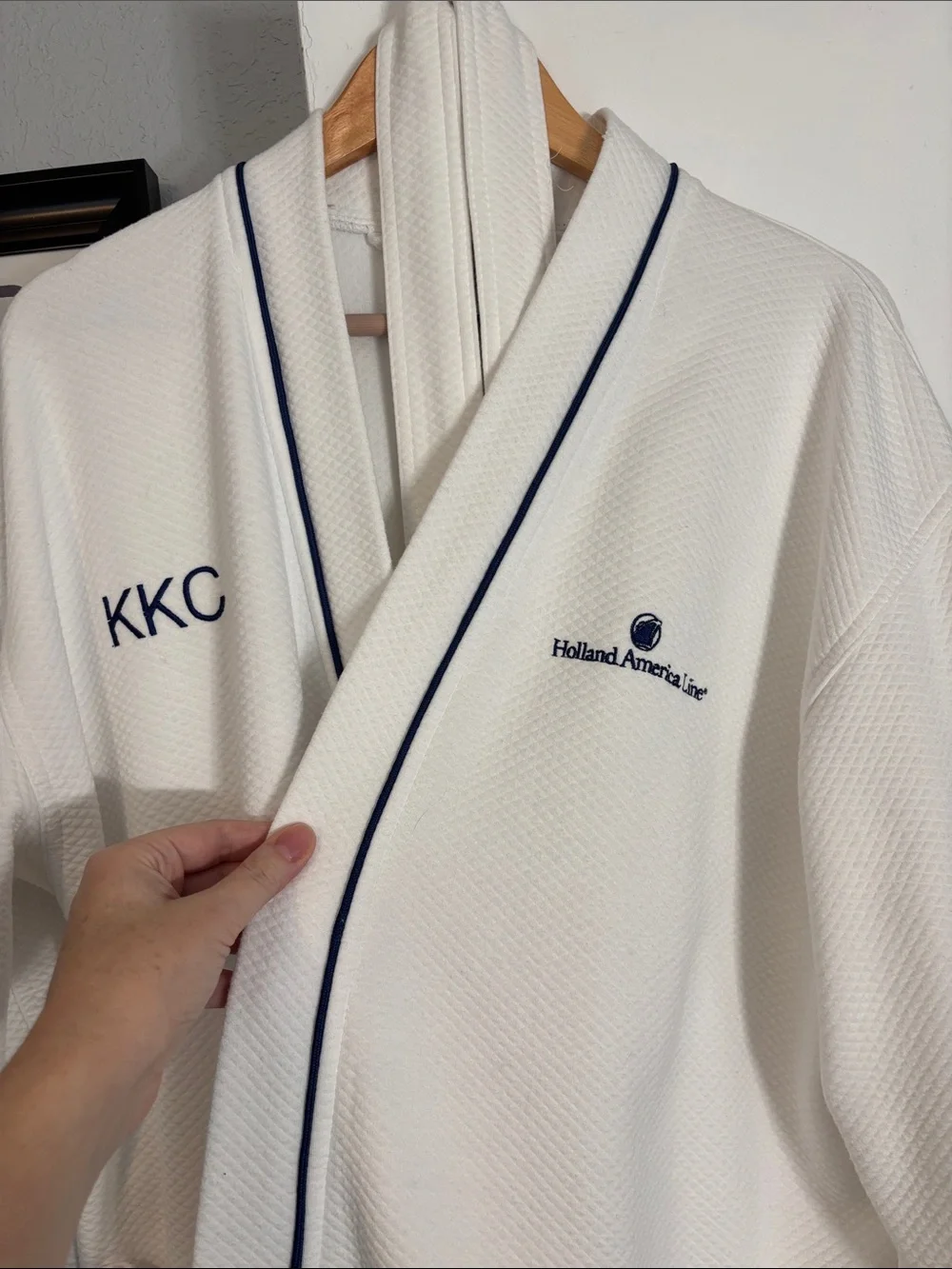Embroidered White Robe with Navy Trim